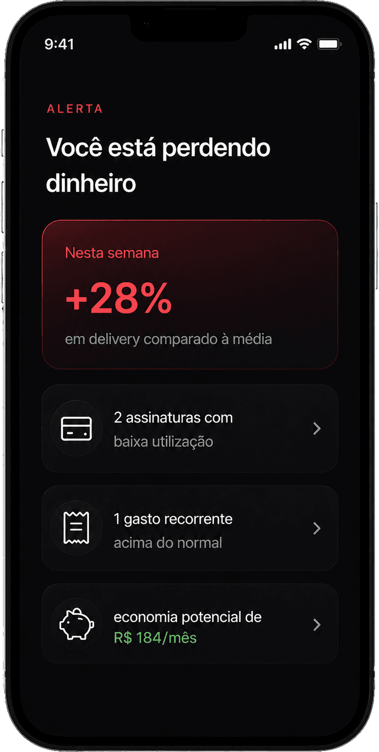 Tela de alerta: comparação com a média, assinaturas e economia potencial