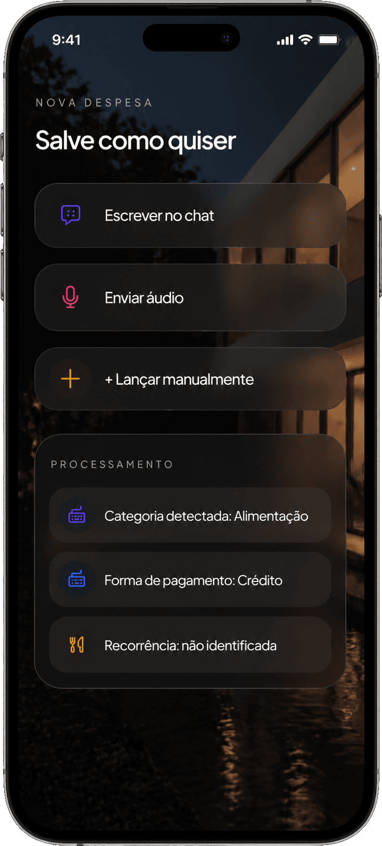 Tela de nova despesa: salvar via chat, áudio ou manual